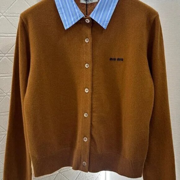 MIUMIU Letter Print Collar Pullover Long Sleeve Cashmere Sweater for Women Size
